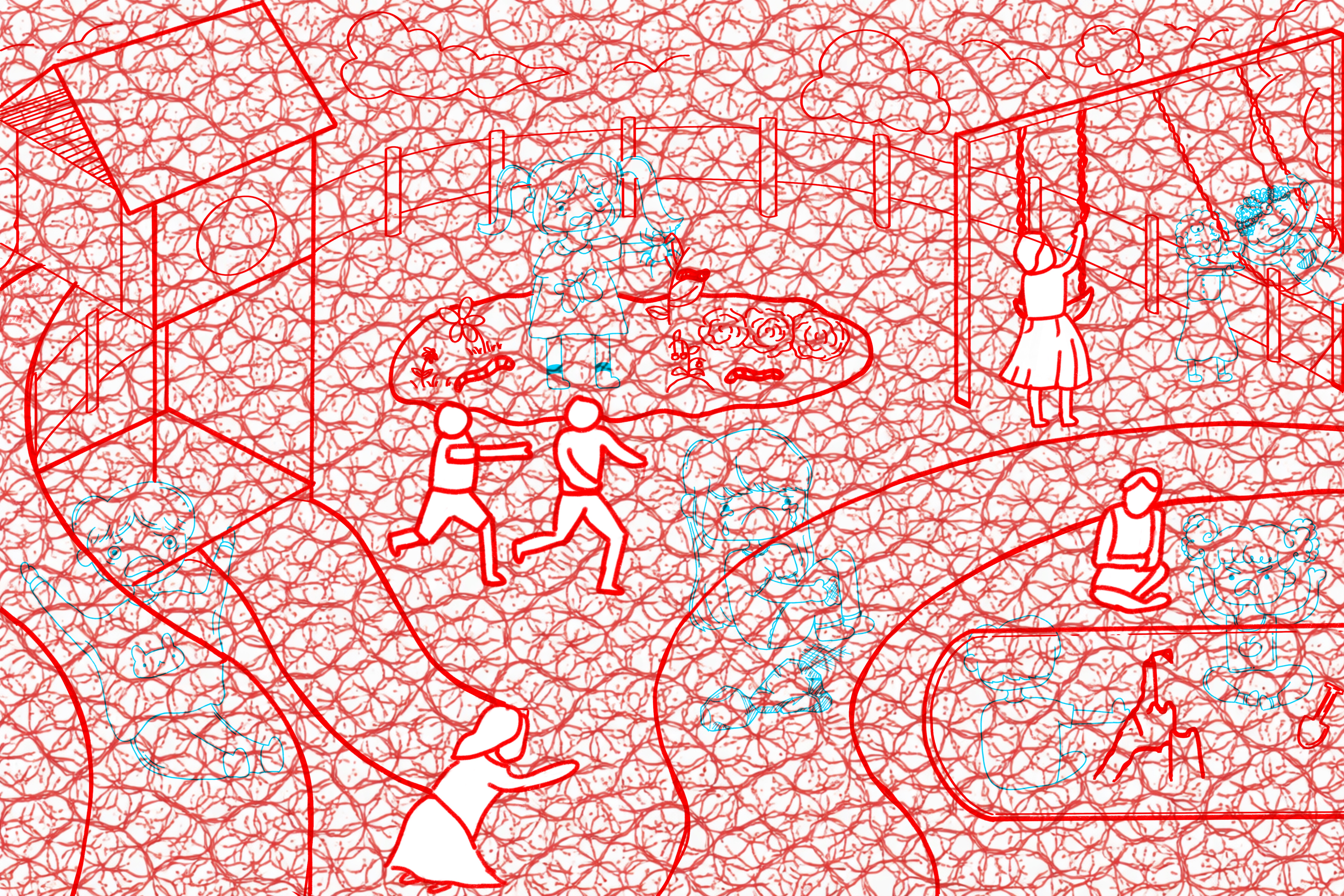 Playground scene covered by red scribble overlay